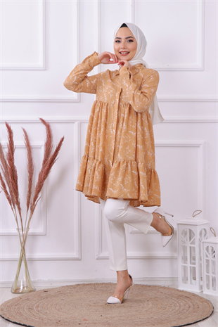 Baskılı Gofre Tunik Camel