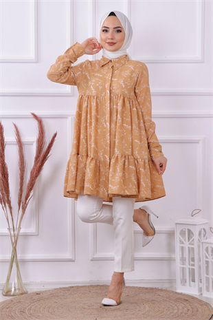 Baskılı Gofre Tunik Camel