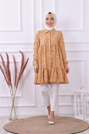 Baskılı Gofre Tunik Camel