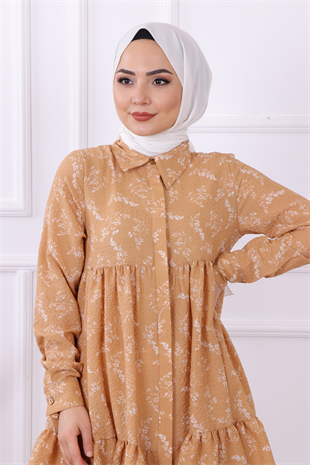 Baskılı Gofre Tunik Camel