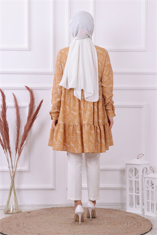 Baskılı Gofre Tunik Camel