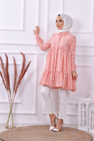 Baskılı Gofre Tunik Pembe