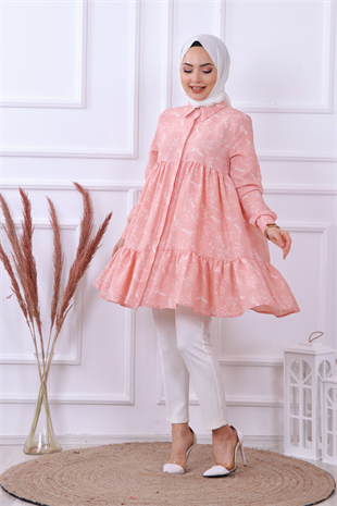 Baskılı Gofre Tunik Pembe