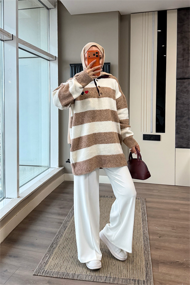 Polo Yaka Camel Beyaz Çizgili Yumoş Tunik