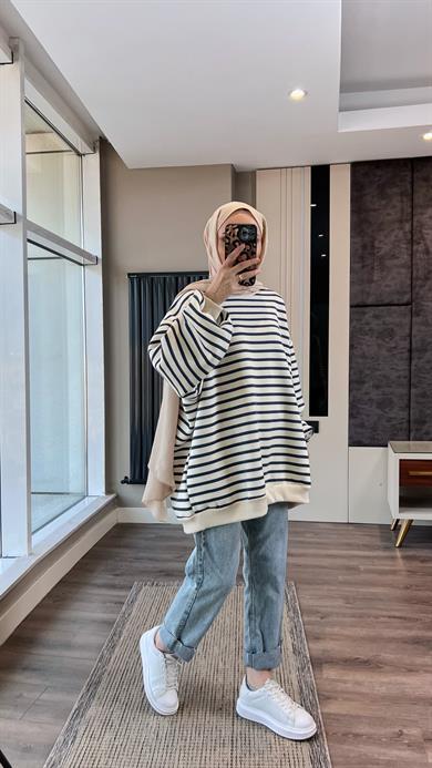 Çizgili Üç İplik Kumaş Sweat Mavi