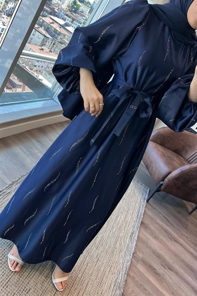 Üzeri Taş Detay Saten Elbise Lacivert