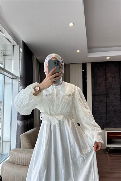 Bebe Yaka Fisto Elbise Beyaz