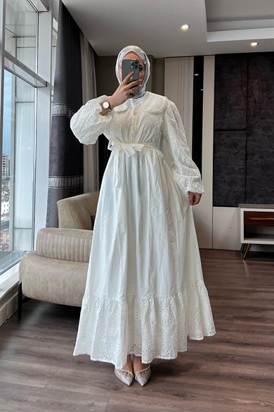 Bebe Yaka Fisto Elbise Beyaz