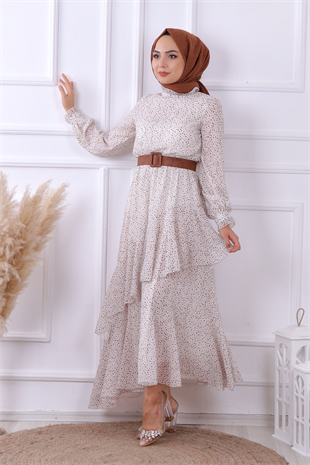 Bej Puantiyeli Geometrik Model Elbise