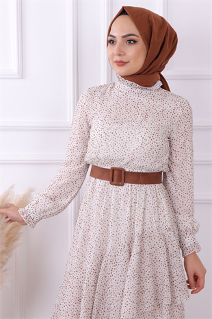 Bej Puantiyeli Geometrik Model Elbise