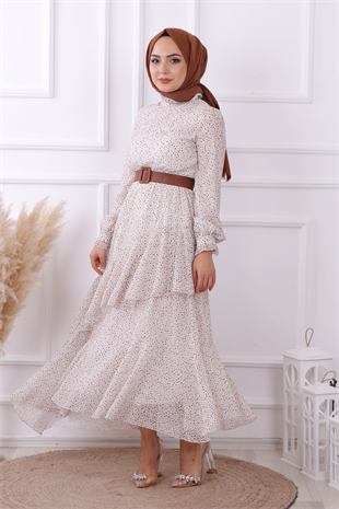 Bej Puantiyeli Geometrik Model Elbise