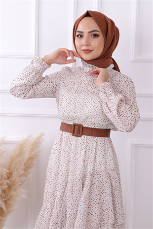 Bej Puantiyeli Geometrik Model Elbise