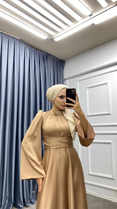 Bel Bağlamalı Saten Elbise Caramel  