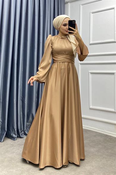 Bel Bağlamalı Saten Elbise Caramel  