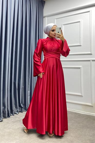 Bel Bağlamalı Saten Elbise Kırmızı