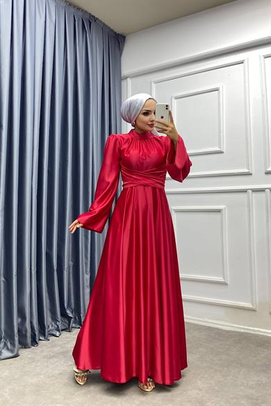 Bel Bağlamalı Saten Elbise Kırmızı