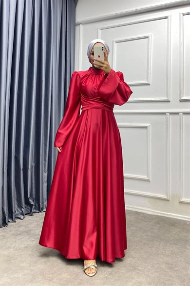 Bel Bağlamalı Saten Elbise Kırmızı