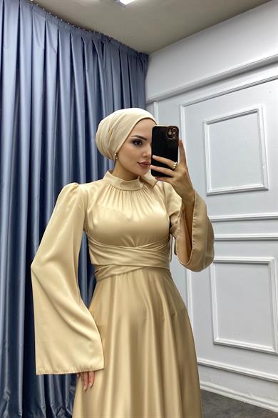 Bel Bağlamalı Saten Elbise Krem