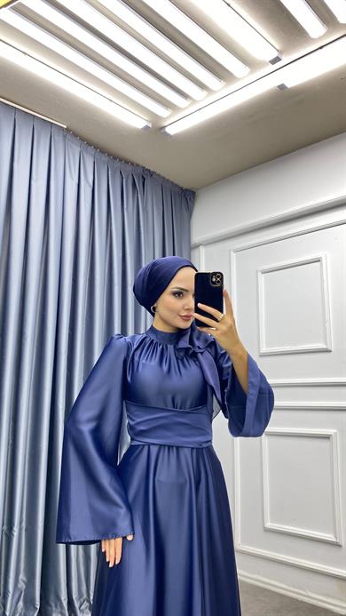 Bel Bağlamalı Saten Elbise Lacivert 