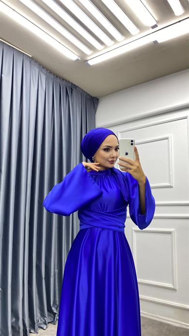 Bel Bağlamalı Saten Elbise Saks 