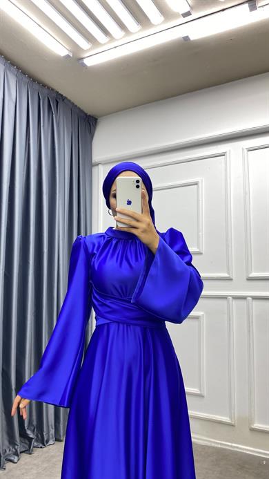 Bel Bağlamalı Saten Elbise Saks 