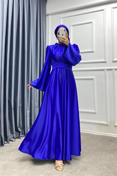 Bel Bağlamalı Saten Elbise Saks 