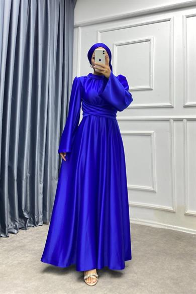 Bel Bağlamalı Saten Elbise Saks 