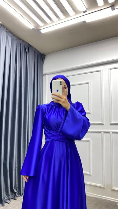 Bel Bağlamalı Saten Elbise Saks 