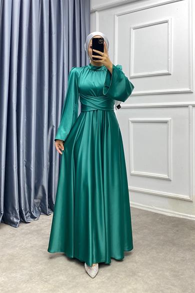 Bel Bağlamalı Saten Elbise Yeşil