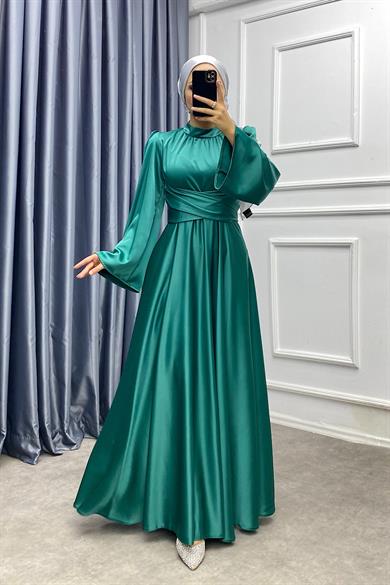 Bel Bağlamalı Saten Elbise Yeşil