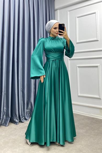 Bel Bağlamalı Saten Elbise Yeşil