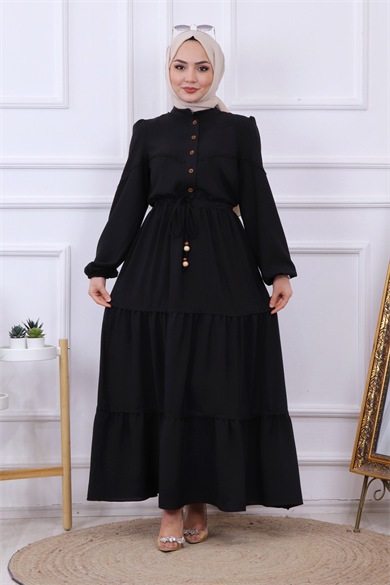 Belden Bağcıklı Dantel Detaylı Elbise Siyah