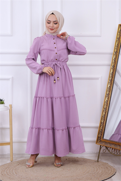 Belden Bağcıklı Dantel Detaylı Elbise Lila