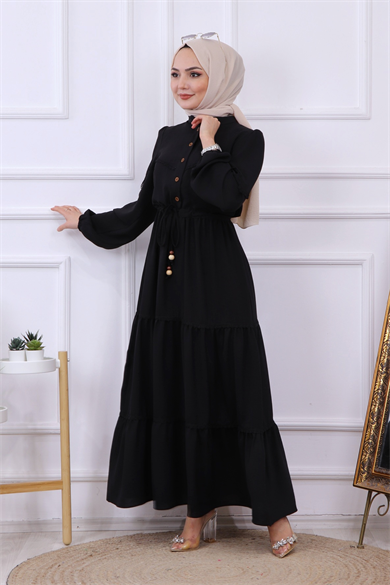 Belden Bağcıklı Dantel Detaylı Elbise Siyah