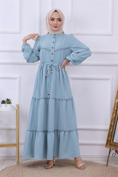 Belden Bağcıklı Dantel Detaylı Elbise Bebe Mavisi