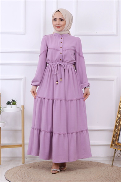 Belden Bağcıklı Dantel Detaylı Elbise Lila