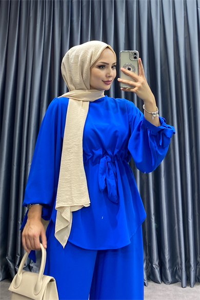 Belden Bağcıklı Kolları Bağlamalı Takım Saks Mavisi