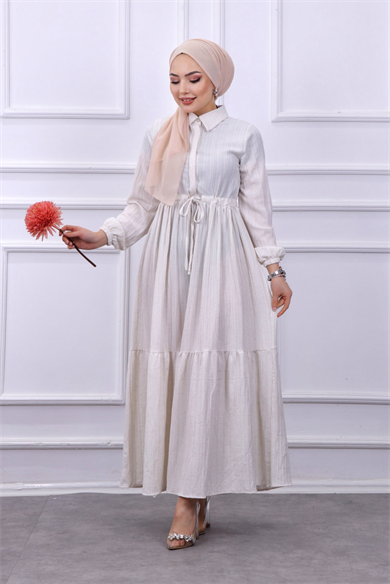 Beli Bağcıklı Elbise Krem