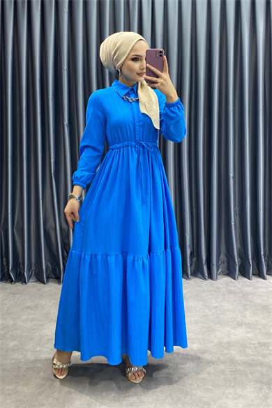 Beli Bağcıklı Elbise Mavi