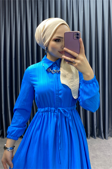 Beli Bağcıklı Elbise Mavi