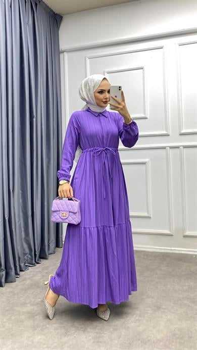 Beli Bağcıklı Elbise Lila