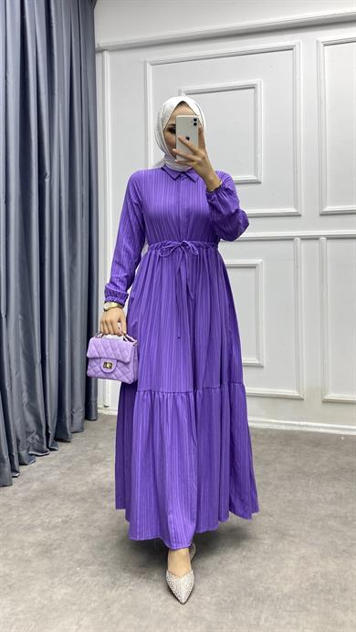 Beli Bağcıklı Elbise Lila