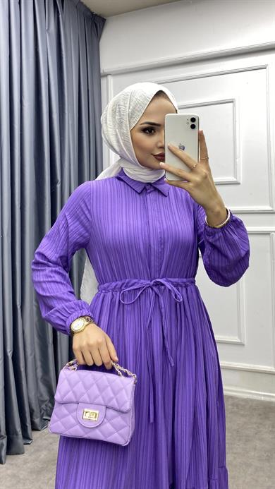 Beli Bağcıklı Elbise Lila