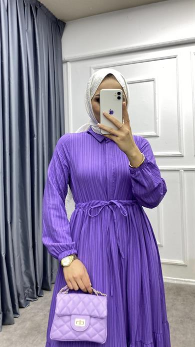 Beli Bağcıklı Elbise Lila