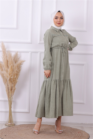 Beli Bağcıklı Elbise Yeşil 