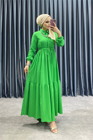 Beli Bağcıklı Elbise Yeşil