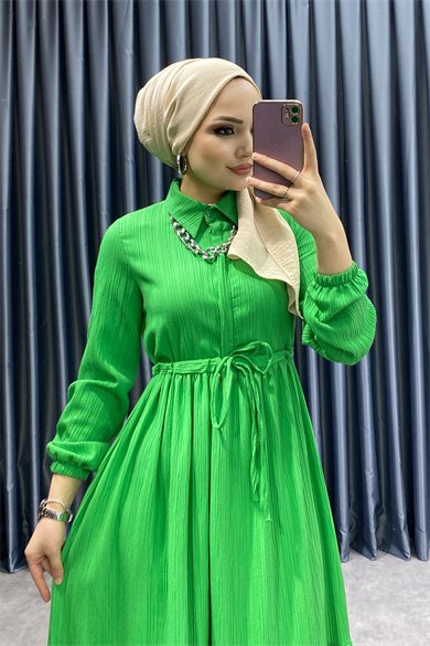 Beli Bağcıklı Elbise Yeşil