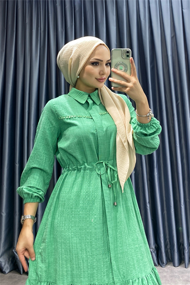 Beli Bağcıklı Elbise Yeşil