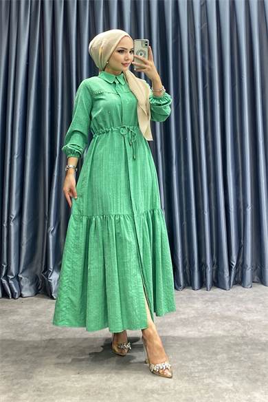 Beli Bağcıklı Elbise Yeşil