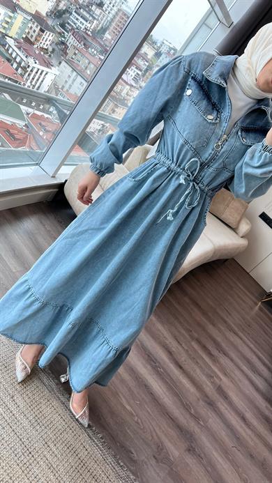 Beli Bağcıklı Kot Elbise  